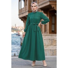 Hafsa Mina Beli Kuşaklı Terikoton Elbise Yeşil HM2908