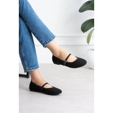 Shoetek Sawra Kadın Babet Önden Bantlı Tokalı Keten Dokumalı Siyah