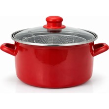 Mis Kitchen 22 cm Kırmızı Kızartma Tenceresi Sepetli Emaye Tencere Derin Tencere Patates Kızartma Tenceresi