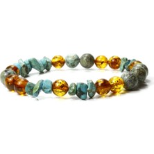 Doğal Taş Takı Dünyası Özel Tasarım Asimetrik Gerçek Damla Kehribar ve Afrika Turkuazı Doğal Taş Bileklik