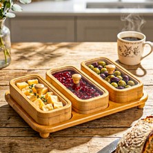 Snippy Joe Dikdörtgen - 3'lü Bambu Dikdörtgen Tepsili Plastik Kapaklı Çerezlik Kahvaltılık Saklama Kabı 160 ml