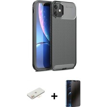 Marsilyan™- iPhone 11 Kılıf Eksen Form Prime - Siyah 3D Antistatik Hayalet Cam Ekran Koruyucu + Sarı Renkli Kamera Lens Koruma Cam