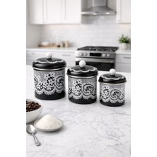 Mis Kitchen Dantel Desenli 3’lü Kavanoz Seti Baharatlık Şeker Kahve Saklama Kabı Dekoratif Mutfak Seti