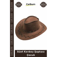 Carlburn Özel Üretim Nubuk Kumaş Kostüm Parti Aksesuar Kahverengi Bağlama Ipli Şık Süet Kovboy Şapkası Çocuk