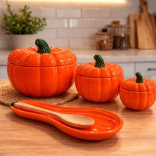 Mis Kitchen Dekoratif Kabak Model Baharatlık Seti 3 Parça Seramik Kavanoz + Kabak Model Kaşıklık
