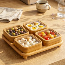 Snippy Joe Kare - 4'lü Bambu Kare Tepsili Plastik Kapaklı Çerezlik Kahvaltılık Saklama Kabı 150 ml