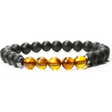 Doğal Taş Takı Dünyası Özel Tasarım Gerçek Damla Kehribar, Mat Oniks ve Hematit Doğal Taş Bileklik