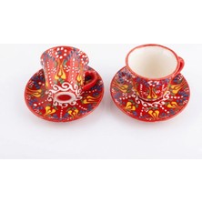 Ceku Handmade 2'li Kırmızı Kabartmalı Kütahya Porselen Türkkahvesi Fincantakımı