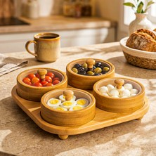 Snippy Joe Yuvarlak - 4'lü Bambu Kare Tepsili Plastik Kapaklı Çerezlik Kahvaltılık Saklama Kabı 115 ml