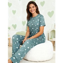 NiCe İç Giyim Yeşil Renk Kalp Desen Bisiklet Yaka Milan Kumaş Mevsimlik Kadın Pijama Takım