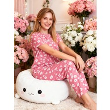 NiCe İç Giyim Pembe Renk Beyaz Çiçek Desen Bisiklet Yaka Milan Kumaş Baharlık Kadın Pijama Takım