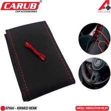 2 Adet  Carub Direksiyon Kılıfı Iğneli Delüks Siyah-Kırmızı Dikişli