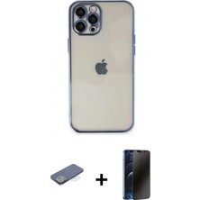 Marsilyan™- iPhone 12 Pro Kılıf Vadi Minimal - Siyah 3D Antistatik Hayalet Cam Ekran Koruyucu + Yeşil Renkli Kamera Lens Koruma Cam