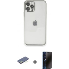 Marsilyan™- iPhone 12 Pro Kılıf Vadi Minimal - Siyah 3D Antistatik Hayalet Cam Ekran Koruyucu + Yeşil Renkli Kamera Lens Koruma Cam