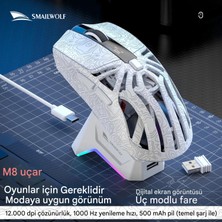 Maypal Smailwolf M8 White Contour Kablosuz Oyuncu Mouse PAW3311 Sensör - 3 Modlu 12000 Dpı Manyetik Şarj Standlı Rgb 65G Ultra Hafif Fare 1000Hz 1k Hız