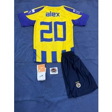 4'lü Set Nostalji Alex De Souza Fe'ner'ba'hçe'' Iç Saha Sarı Lacivert Çubuklu Retro Çocuk Forma Şort Bileklik Çorap Takımı