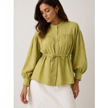 Senel Collection Belden Bağlamalı Yağ Yeşili Kadın Gömlek Tunik
