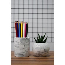 Özgürce Şık Mermer ve Beton Tasarımlı Ofis Seti, Kalemlik ve Saksı Kaktüs ile