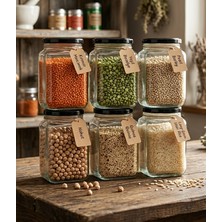 JUNIBELIW 6 Adet Cam Kavanoz 1000ML Bakliyat Erzak Saklama Kabı Köşeli Metal Kapaklı 6X1000CC(ETİKETSİZ)