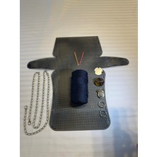 Büyük Plastik Kanvas Polyester Makrome Ipli Çanta Yapım Kiti Gümüş Renk Aksesuarlı Tam Set