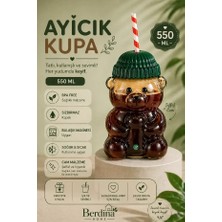 Rosemor Ayıcık Tasarım Cam Pipetli  Soğuk Içecek  Kahve Bardağı Yeşil Şapkalı Bear Bardak 550ML Barista