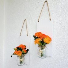 Özgürce Turuncu Deniz Yosunu Çiçekli LED Işıklı Duvar Dekoru Beyaz Ikili Set