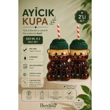 Rosemor 2li  Ayıcık Tasarım Cam Pipetli Soğuk Içecek Kahve Bardağı Yeşil Şapkalı Bear Bardak 550ML Barista