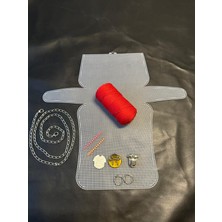 Büyük Plastik Kanvas Polyester Makrome Ipli Çanta Yapım Kiti Gümüş Renk Aksesuarlı Tam Set
