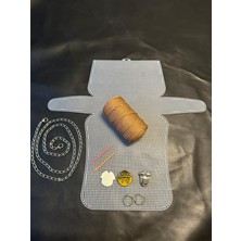 Büyük Plastik Kanvas Polyester Makrome Ipli Çanta Yapım Kiti Gümüş Renk Aksesuarlı Tam Set