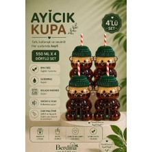 Rosemor 4lü Ayıcık Tasarım Cam Pipetli Soğuk Içecek Kahve Bardağı Yeşil Şapkalı Bear Bardak 550ML Barista