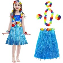 Nemere Yetişkin ve Çocuk Uyumlu Hawaii Luau Aloha Mavi Püsküllü Etek Kolye Taç ve 2 Adet Bileklik Set