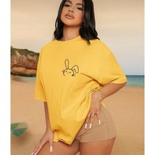 Nıgrum Pargus Yuvarlak Yaka Çizgi Siyah Tavşan Baskılı Yeni Stil Kadın T-Shirt
