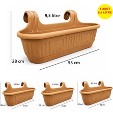 Demet Home 4 Adet Büyük Boy Kendinden Askılı Balkon Saksısı Plastik Kelepçeli Çiçek-Bitki-Biber 9,5 Litre 53 cm Boy Saksı