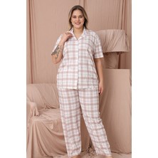 Wordex Mrn 4951 Kısa Kollu Süprem Kumaş Kareli Büyük Beden Düğmeli Kadın Pijama Takımı