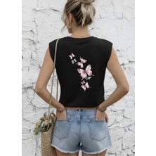 Nıgrum Pargus Kelebekler Sırt Baskılı %100 Pamuk Kolsuz  Yeni Tasarım Kadın Crop T-Shirt