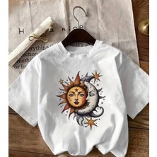 Nıgrum Pargus Yeni Sezon Güneş ve Ay Baskılı %100 Pamuk Oversize Kız Çocuk T-Shirt