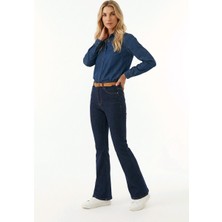 Hies Wide Leg Ispanyol Paça Likralı Esnek Kumaş Denim Jean Pantolon Koyu Lacivert Renk