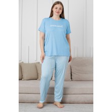 Wordex Mrn 3503 Çizgili Pijamalı Kısa Kollu Büyük Beden Pegasus Kumaş Kadın Pijama Takımı