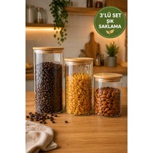 Medushop Bambu Kapaklı Borosilikat Cam Saklama Kavanozu 3'lü Set Mumluk Erzak Kahve Düzenleyici Dekoratif