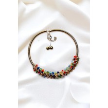 Petek Aksesuar Renkli Taşlı Parlak Tasma Choker Kolye Küpe Set