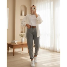 Moda Morfo Kemerli Kot Pantolon -Füme