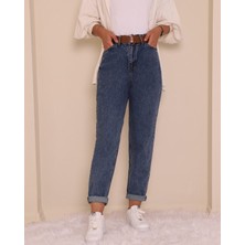 Moda Morfo Kemerli Kot Pantolon -Koyu Mavi