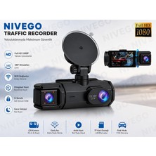 Nivego Nıvego Çift Kameralı Araç Içi Kamera | Full Hd 1080P, Wifi, Gece Görüş, 180° Geniş Açı, G-Sensör, 64GB Destekli Dash Cam