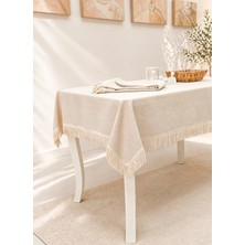 PAMUKIDEA Natural Bükme Saçaklı %100 Pamuklu Buldan Işi Otantik Sade Düz Keten Kumaş Premium Masa Örtüsü