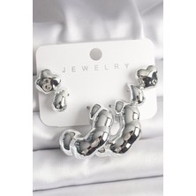 Yıldız Ticaret Mey Ithalat® Gümüş Renk Yonca Damla Halka Model Ccb Plastik Kadın Küpe Seti