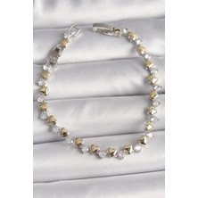 Yıldız Ticaret Mey Ithalat® Pirinç Gümüş Renk Zirkon Taşlı Gold Kalpli Vıp Seri Kadın Bileklik