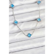 Yıldız Ticaret Mey Ithalat® 316L Çelik Zincir Gümüş Renk Buz Mavisi Baby Boy Yonca Kadın Kolye