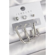 Yıldız Ticaret Mey Ithalat® Pirinç Gümüş Renk Halka Model Zirkon Taşlı Topçuk Detay Kadın Küpe Seti