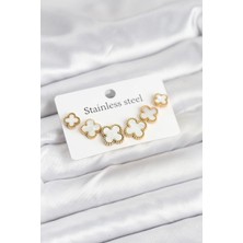 Yıldız Ticaret Mey Ithalat® 316L Çelik Gold Beyaz Renk 3 Boy Yonca Küpe Seti