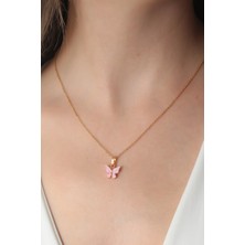 Yıldız Ticaret Mey Ithalat® Gold Pembe Renk Kelebek Figür Kadın Kolye